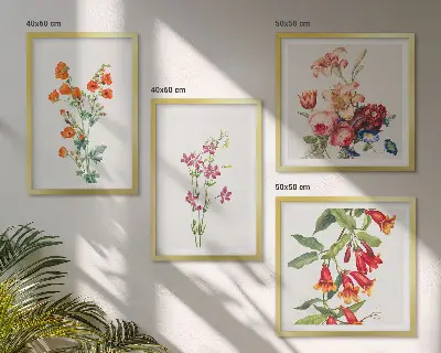 Pintura de flores em estilo retrô políptico com moldura