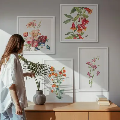 Pintura de flores em estilo retrô políptico com moldura