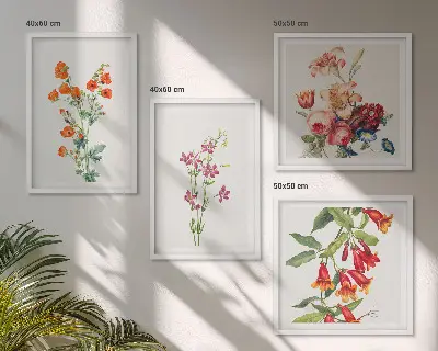Pintura de flores em estilo retrô políptico com moldura