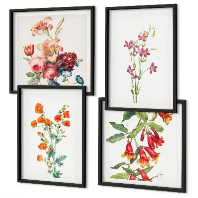 Pintura de flores em estilo retrô políptico com moldura