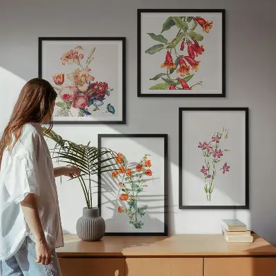 Pintura de flores em estilo retrô políptico com moldura