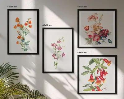 Pintura de flores em estilo retrô políptico com moldura