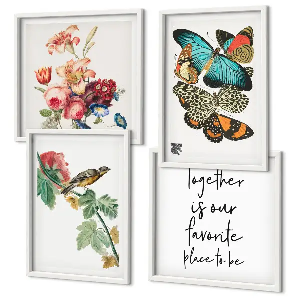 Conjunto de 4 quadros com moldura com estampas de flores, borboletas e pássaros em tons pastel