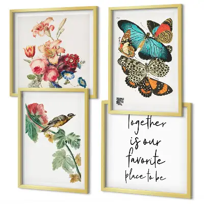 Conjunto de 4 quadros com moldura com estampas de flores, borboletas e pássaros em tons pastel