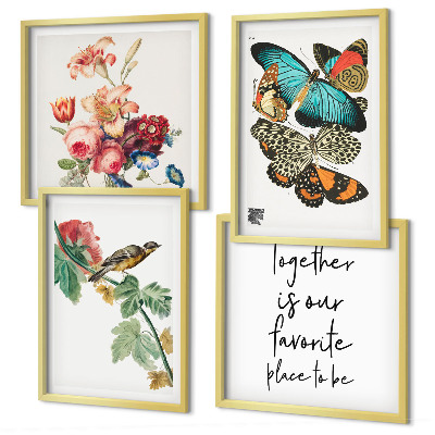 Conjunto de 4 quadros com moldura Flores, borboletas, pássaros, tons pastel