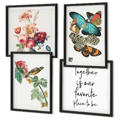 Conjunto de 4 quadros com moldura com estampas de flores, borboletas e pássaros em tons pastel