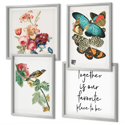 Conjunto de 4 quadros com moldura com estampas de flores, borboletas e pássaros em tons pastel