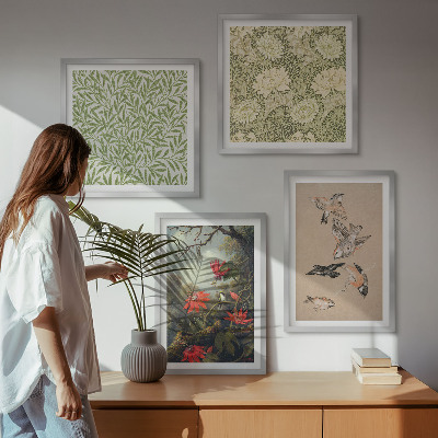 Políptico com moldura Flores e pássaros em ambiente natural