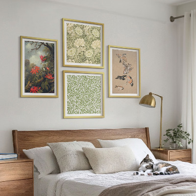 Políptico com moldura Flores e pássaros em ambiente natural