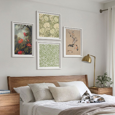 Políptico com moldura Flores e pássaros em ambiente natural