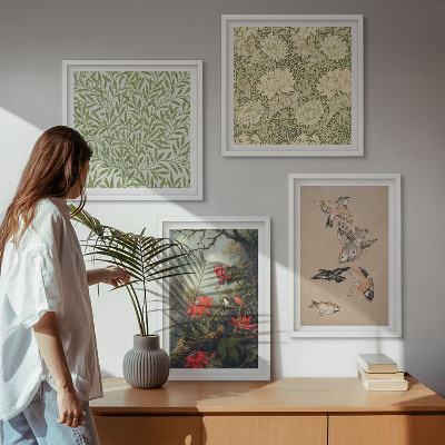 Políptico com moldura Flores e pássaros em ambiente natural