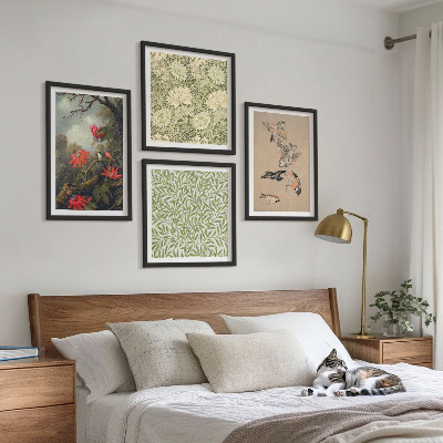 Políptico com moldura Flores e pássaros em ambiente natural