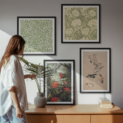Políptico com moldura Flores e pássaros em ambiente natural