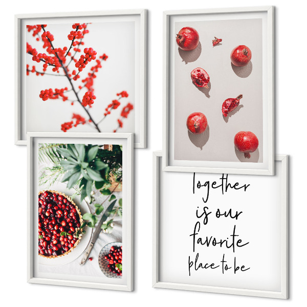 Conjunto de 4 quadros com moldura frutos vermelhos das plantas minimalismo