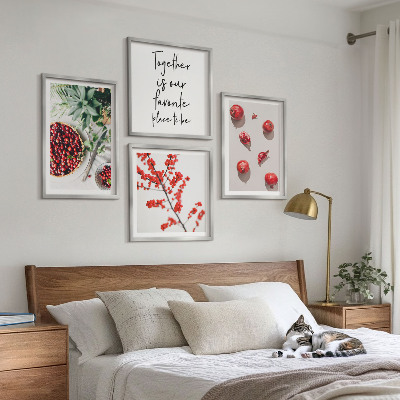 Conjunto de 4 quadros com moldura frutos vermelhos das plantas minimalismo