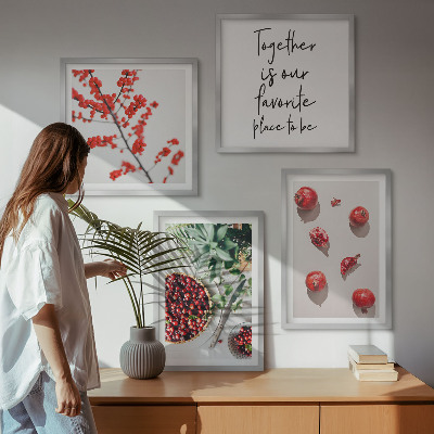 Conjunto de 4 quadros com moldura frutos vermelhos das plantas minimalismo