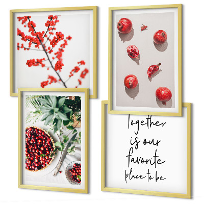 Conjunto de 4 quadros com moldura frutos vermelhos das plantas minimalismo