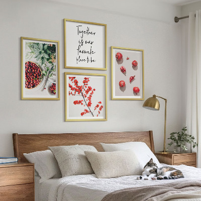 Conjunto de 4 quadros com moldura frutos vermelhos das plantas minimalismo