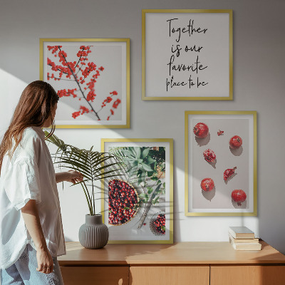 Conjunto de 4 quadros com moldura frutos vermelhos das plantas minimalismo