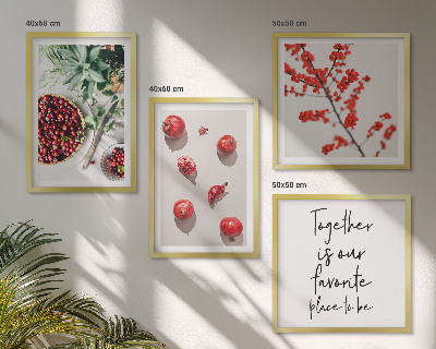 Conjunto de 4 quadros com moldura frutos vermelhos das plantas minimalismo