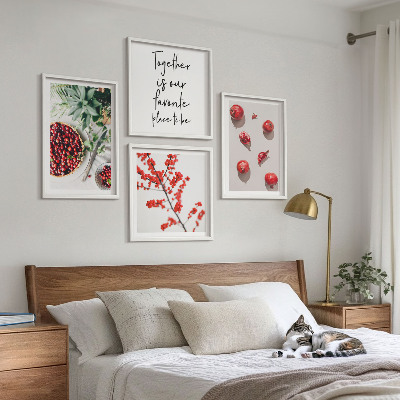 Conjunto de 4 quadros com moldura frutos vermelhos das plantas minimalismo