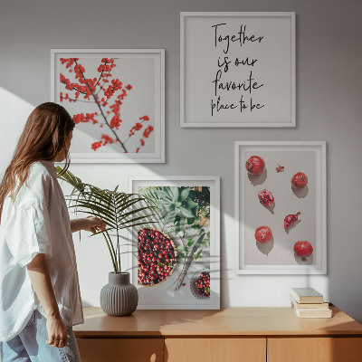 Conjunto de 4 quadros com moldura frutos vermelhos das plantas minimalismo
