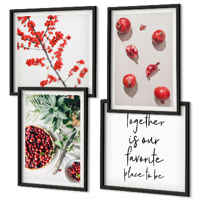 Conjunto de 4 quadros com moldura frutos vermelhos das plantas minimalismo