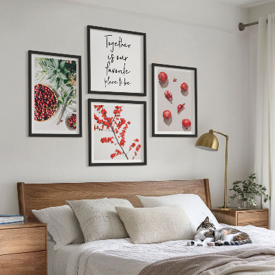 Conjunto de 4 quadros com moldura frutos vermelhos das plantas minimalismo