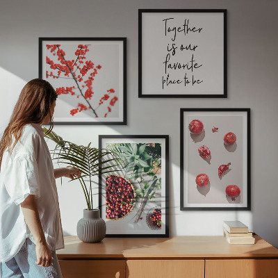 Conjunto de 4 quadros com moldura frutos vermelhos das plantas minimalismo