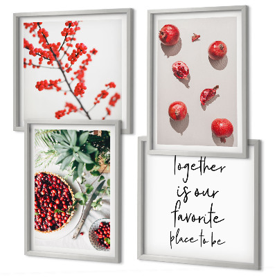Conjunto de 4 quadros com moldura frutos vermelhos das plantas minimalismo