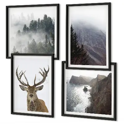 Políptico com moldura paisagem montanhosa com veado no nevoeiro