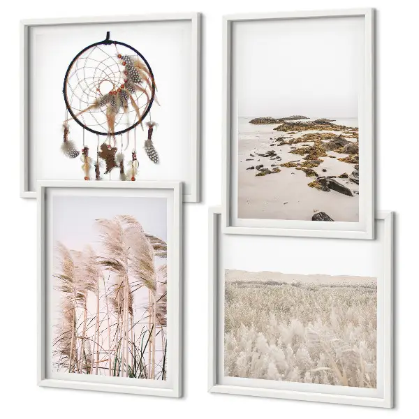 Composição de quadros com campos de grama e praia em estilo boho