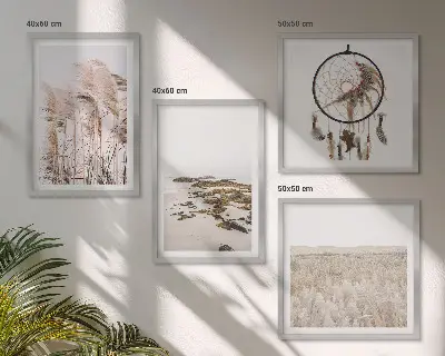 Composição de quadros com campos de grama e praia em estilo boho