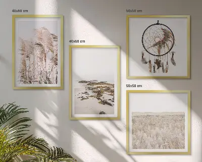 Composição de quadros com campos de grama e praia em estilo boho