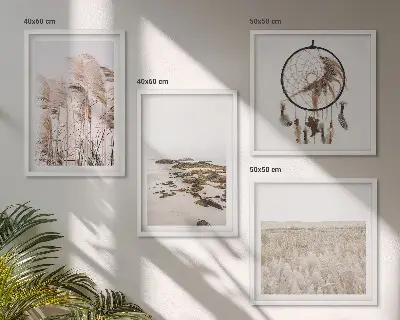 Composição de quadros com campos de grama e praia em estilo boho