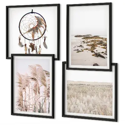 Composição de quadros com campos de grama e praia em estilo boho