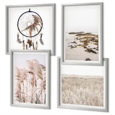 Composição de quadros com campos de grama e praia em estilo boho