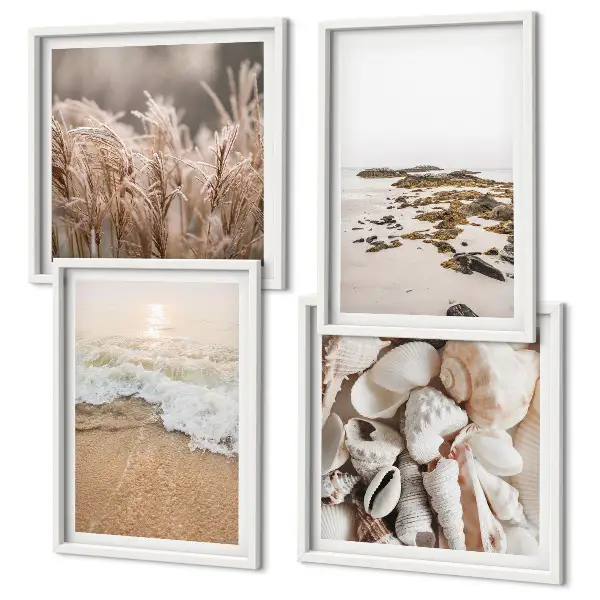 Conjunto de 4 quadros com moldura com tema de grama de praia, ondas e pedras em estilo boho