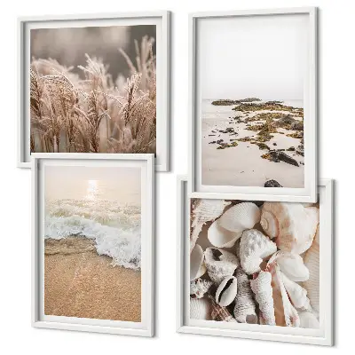Conjunto de 4 quadros com moldura com tema de grama de praia, ondas e pedras em estilo boho