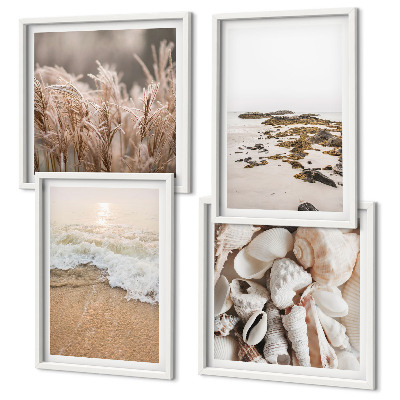 Conjunto de 4 quadros com moldura Grama de praia, ondas, pedras, estilo boho