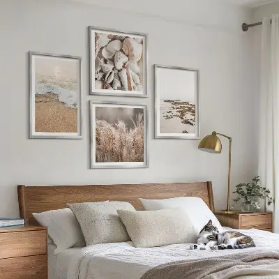 Conjunto de 4 quadros com moldura com tema de grama de praia, ondas e pedras em estilo boho