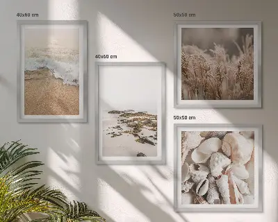 Conjunto de 4 quadros com moldura com tema de grama de praia, ondas e pedras em estilo boho