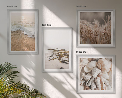 Conjunto de 4 quadros com moldura Grama de praia, ondas, pedras, estilo boho