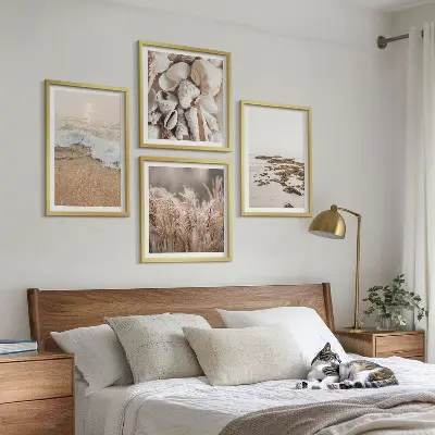 Conjunto de 4 quadros com moldura com tema de grama de praia, ondas e pedras em estilo boho