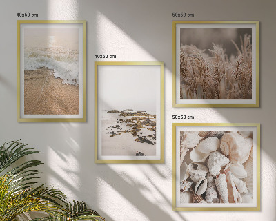 Conjunto de 4 quadros com moldura Grama de praia, ondas, pedras, estilo boho