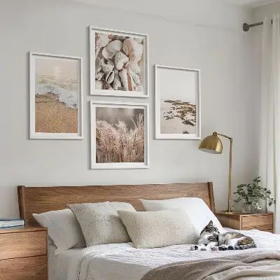 Conjunto de 4 quadros com moldura com tema de grama de praia, ondas e pedras em estilo boho