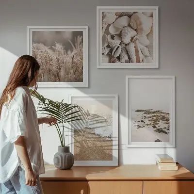 Conjunto de 4 quadros com moldura com tema de grama de praia, ondas e pedras em estilo boho
