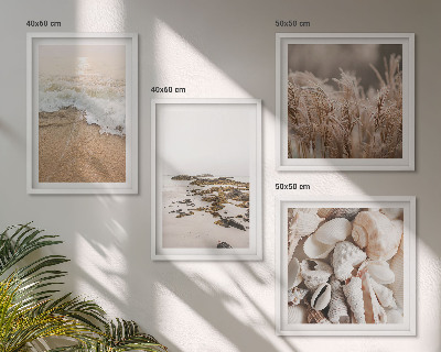 Conjunto de 4 quadros com moldura Grama de praia, ondas, pedras, estilo boho
