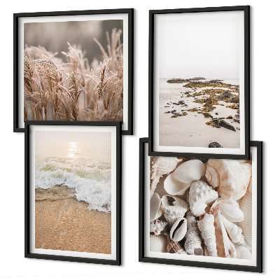 Conjunto de 4 quadros com moldura Grama de praia, ondas, pedras, estilo boho