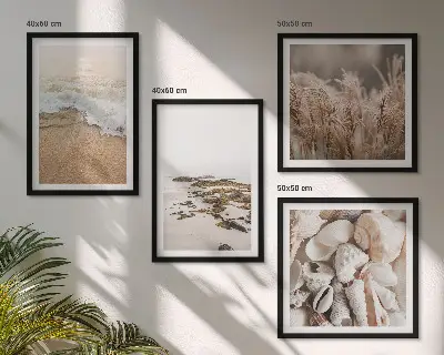 Conjunto de 4 quadros com moldura com tema de grama de praia, ondas e pedras em estilo boho